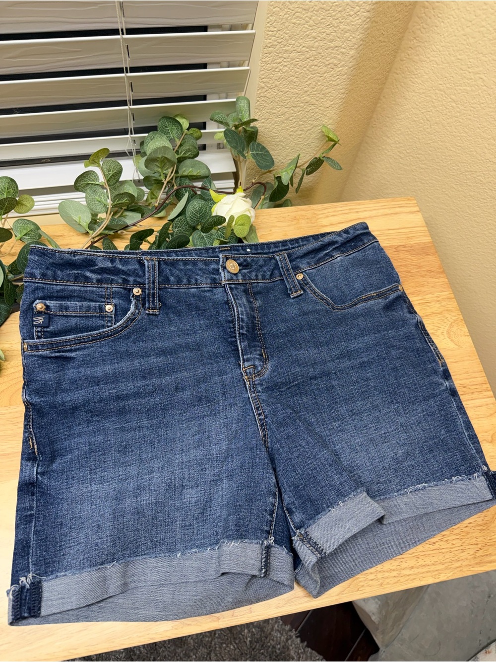 Seven7 Dark Blue Rolled-Hem Denim Shorts